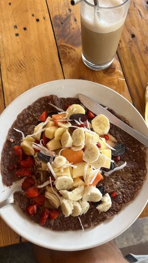 The protein pancakes are vegan and arrive smothered in a nut-butters 😋  at Karma Cafe in Palolem