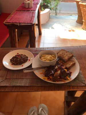 Buckwheat cookie, hummus and Sourdough at Karma Cafe in Palolem