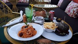 Spaghetti and Burger (both vegan) at Koulchi Zine in Marrakech