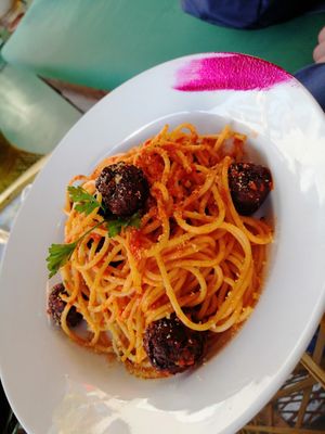 Couscous meat balls on top at Koulchi Zine in Marrakech