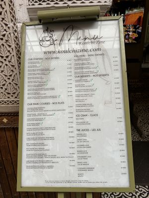 Menu  at Koulchi Zine in Marrakech