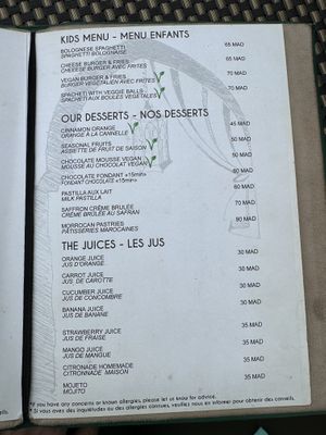 Menu  at Koulchi Zine in Marrakech