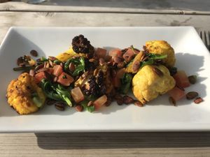 Turmeric roasted cauliflower with yummy spicy seeds! Super tasty 😋  at The Parrot in Aldringham