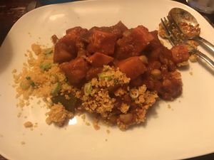 Chickpea and sweet potato tagine with cous cous and spring onions  at The Parrot in Aldringham