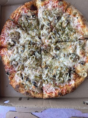 Vegan Cheeze, Mushrooms and Green Olivess  at Pizza Pizza in Guelph