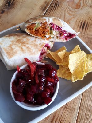 Mixed beetroot and sweet potato falafel wrap at Caffè No 3 @ Home in Durham