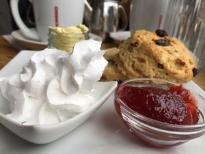 Vegan scone with jam and cream  at Caffè No 3 @ Home in Durham