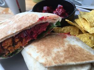 Falafel, sweet potato, beetroot and hummus wrap at Caffè No 3 @ Home in Durham