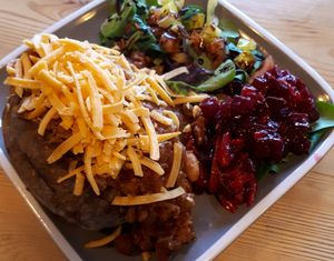 Vegan 5 brean chilli in a jacket potato at Caffè No 3 @ Home in Durham
