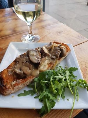 Vegan creamy garlic mushrooms on sourdough at Caffè No 3 @ Home in Durham