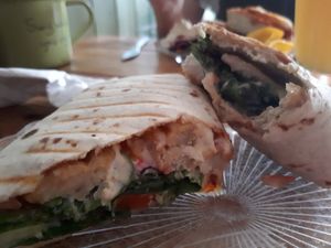 Started eating before i took pictures 😍 Thai sweet chilli chilli "chicken" wrap added hummus for me. Was soooo good. 🥑 at Caffè No 3 @ Home in Durham