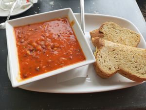 Spicy tomato and bean soup with vegan cheese sandwich  at Caffè No 3 @ Home in Durham
