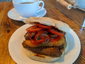 Sausage hash brown mushrooms Tom sauce and 🍅 lush at Caffè No 3 @ Home in Durham