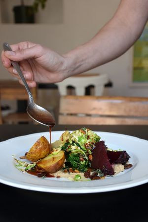 We have a seasonal menu with appetizers, homemade pasta dishes, risotto and much more. Here is the warm salad with seasonal veggies and intense red wine dressing.    at Sotto in Berlin