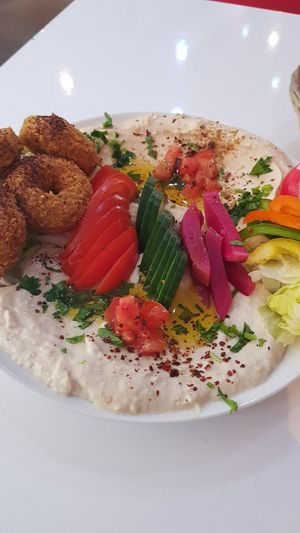 Falafel, Hummus, Baba Ganosh and a variety of vegetables at Vegan Food Revolution in Cologne