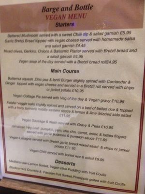 Full Vegan Menu. at The Barge & Bottle in Sleaford