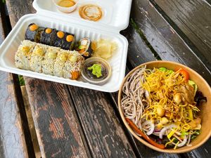 Odokori, 10 pieces chef’s choice with a ramen and soba noodles salad   at Momo in Montreal