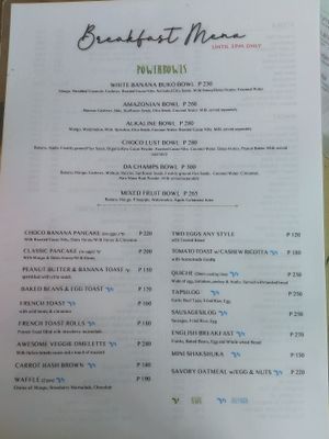 Brekkie menu at White Banana Beach Club in Siargao