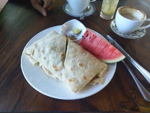 Vegan Burrito with beans, corn, tomato, eggplant. And a Cappuccino with soy milk at Seapony Bungalow in Koh Rong