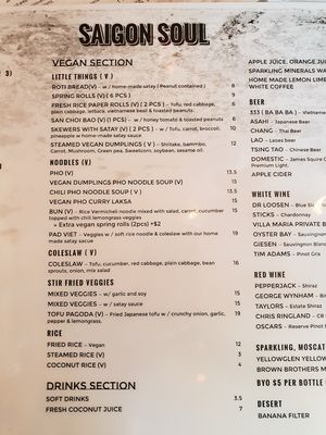 Vegan Menu at Saigon Soul in Ascot Vale