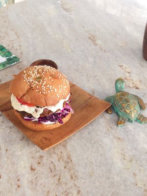 Tofu and eggplant burger at Loving Earth Cafe in Fort Kochi