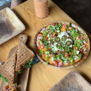 Cheesy pesto sandwich and nachos   at Loving Earth Cafe in Fort Kochi
