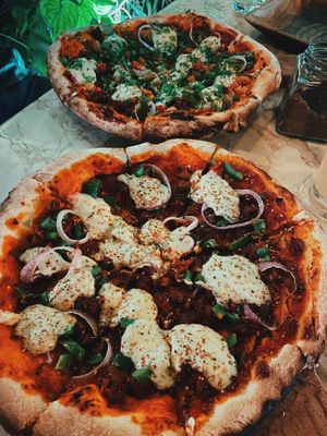 Pizzas (with mock meat)  at Loving Earth Cafe in Fort Kochi