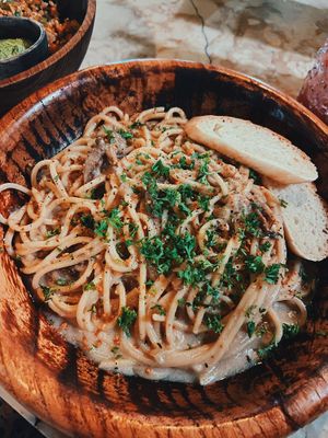 ‘Carbonara’ style dish   at Loving Earth Cafe in Fort Kochi