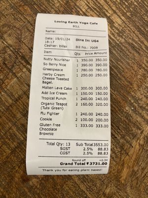 Receipt   at Loving Earth Cafe in Fort Kochi