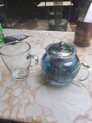 Blue pea tea - rare find! at Loving Earth Cafe in Fort Kochi