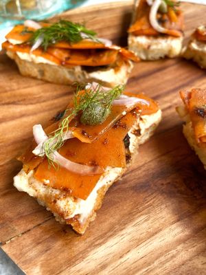 Carrot lox with cream cheeze, dill and capers at Loving Earth Cafe in Fort Kochi