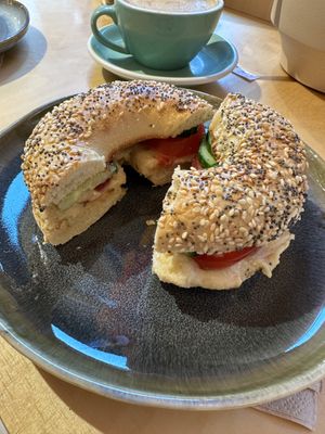 Hummus and veggies bagel. Toasted to perfection!  at Cereal Lovers in Luxembourg City