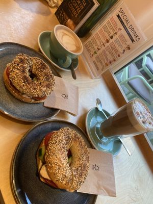 Tofu Bagel and cinnamon roll latte   at Cereal Lovers in Luxembourg City
