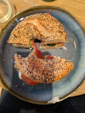 Bagel with cream cheese, tofu, tomato and cucumber. The vegan cream cheese is delicious! at Cereal Lovers in Luxembourg City