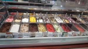 Vegan options included chocolate , mango, assorted nuts , watermelon; as well as granita and sorbets  at Voglia Matta in Siracusa