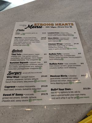 Menu at Strong Hearts in Syracuse