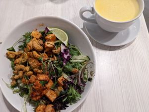 Thai salad and turmeric latte at Strong Hearts in Syracuse