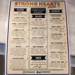 Menu at Strong Hearts in Syracuse