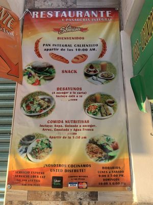 Partial menu and updated hours (Sept. 2021).  They sell some vegan groceries too. at La Sonrisa in Ensenada