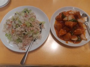 Vegan fried rice and sweet 'n sour pork at Chojo Hanten in Yokohama