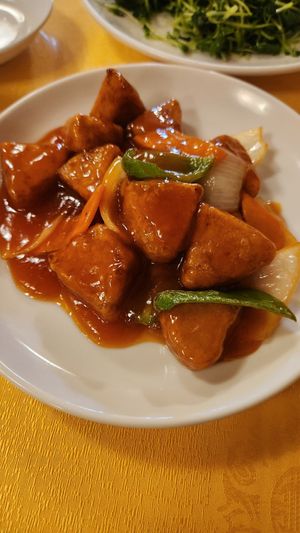 Vegan subuta (sweet sour pork) at Chojo Hanten in Yokohama