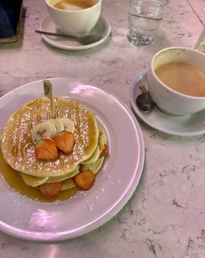 Vegan pancakes & oat milk latte   at POG - Tara St in Dublin
