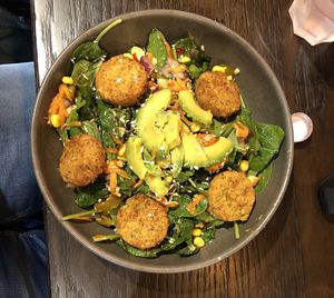 Vegan falafel salad with avocado  at POG - Tara St in Dublin