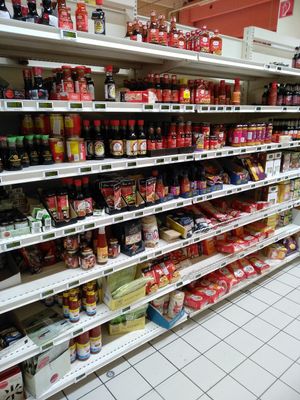 Not all vegan, but most are: coconut milk, sauces(soy also), noodles, rice paper etc. at Cora Lujerului in Bucharest