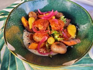 Salade with girlled pumpkin, limabeans, onions and dressing made of tahin at THT in Amsterdam