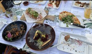 Lower left: pulled mushrooms, lower right: beetroot.  at THT in Amsterdam