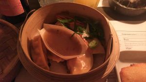 Vegan red curry dumplings with prune sauce at THT in Amsterdam
