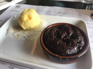 Vegan sticky toffee pudding with Maker’s Mark sauce and mandarin sorbet at THT in Amsterdam