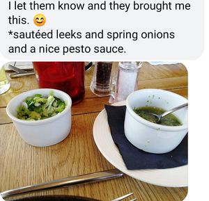 Starter not as described (as menu) and was just dry bread & mushrooms, with cold sliced spring onions, pretty salad, until put right. Much better with the leeks and pesto dressing at The Cherry Tree  in Bolton