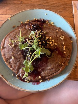 Vegan banana pancakes with berry compote  at Clean Bean in Durham